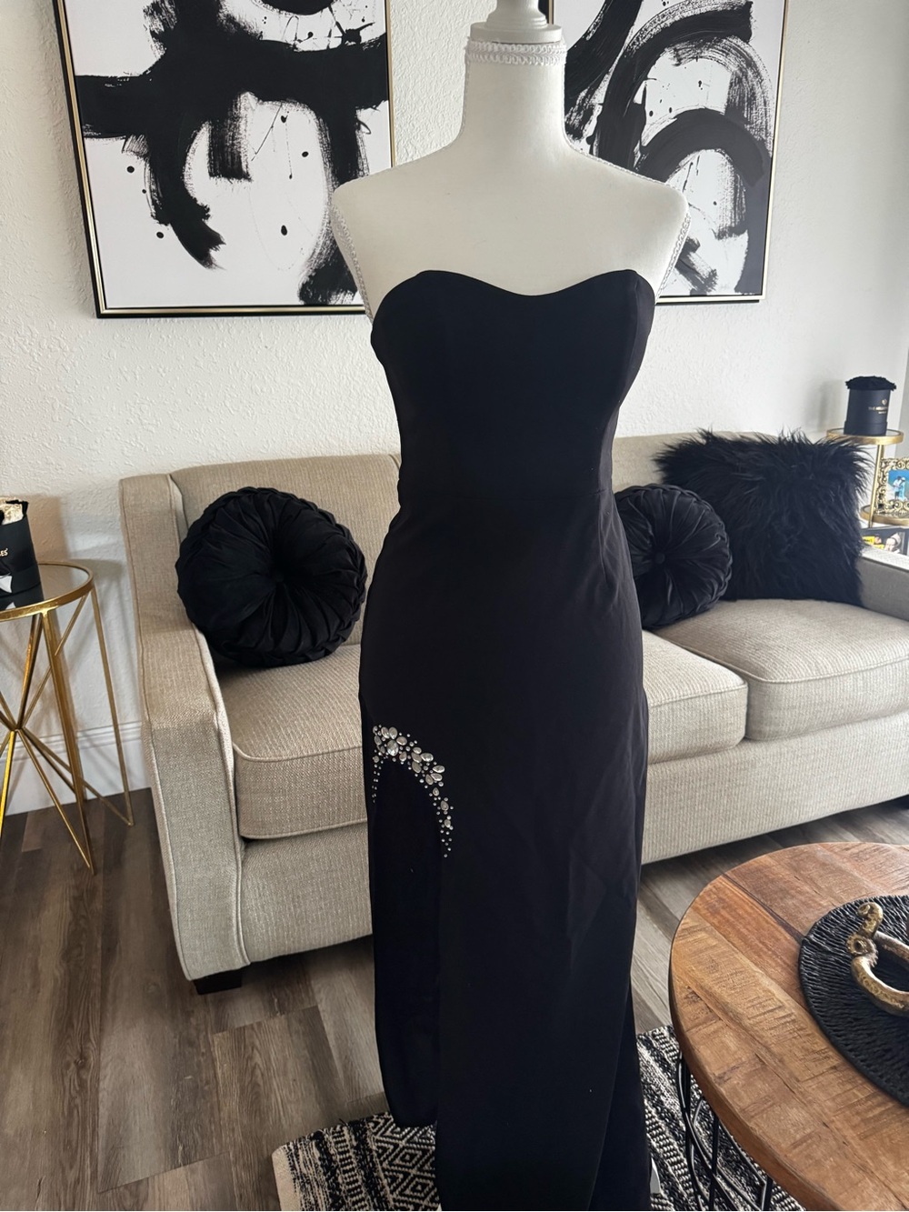 David’s Bridal Strapless Black Evening Gown with Crystal Accents